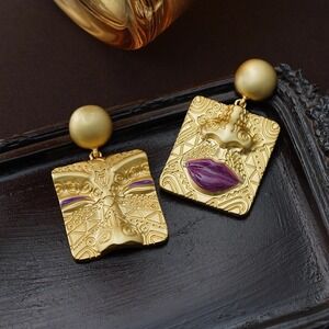 Gold Face Earrings Purple‎ Accent Statement Earrings Women's Jewelry